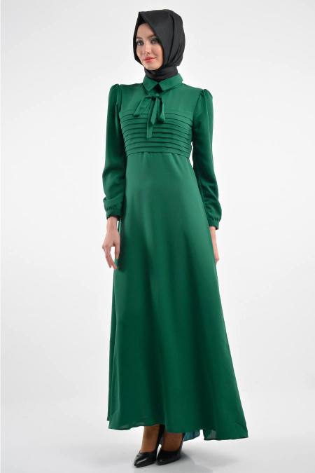Nayla Collection - Büzgüllü Yeşil Tesettür Elbise 4014Y