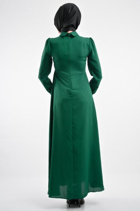 Nayla Collection - Büzgüllü Yeşil Tesettür Elbise 4014Y - 3