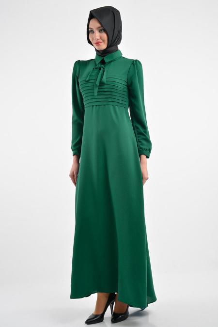 Nayla Collection - Büzgüllü Yeşil Tesettür Elbise 4014Y - 2