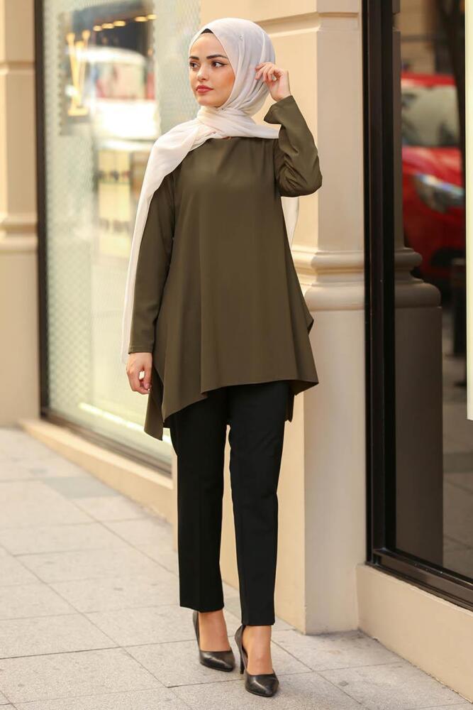 Nayla Collection - Yırtmaçlı Haki Tesettür Tunik 22341HK - 1