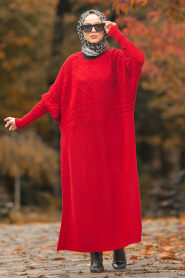 Nayla Collection - Yırtmaçlı Kırmızı Tesettür Triko Panço 15598K - Thumbnail