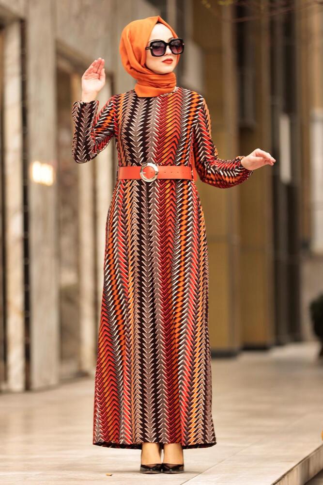 Nayla Collection - Zikzak Desenli Kiremit Tesettür Elbise 10760KRMT - 1