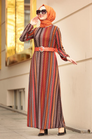 Nayla Collection - Zikzak Desenli Kiremit Tesettür Elbise 10760KRMT - Thumbnail