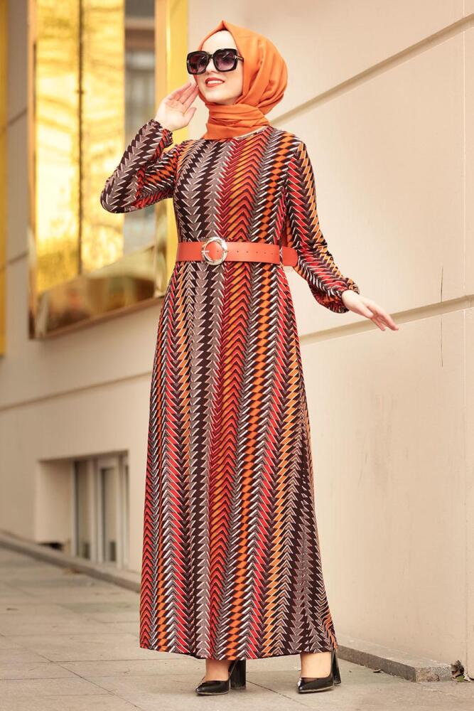 Nayla Collection - Zikzak Desenli Kiremit Tesettür Elbise 10760KRMT - 2