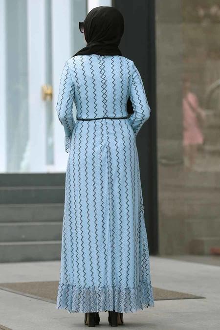Nayla Collection - Zikzak Desenli Mavi Tesettür Elbise 100430M