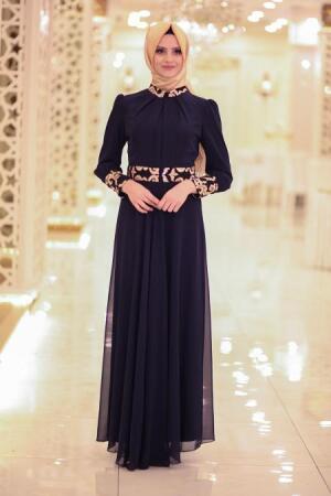 Nayla Collection - Manşetli Lacivert Elbise - 1