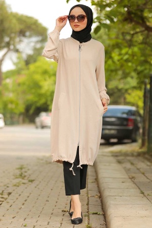 Manteau long en tissu aérobine à fermeture zippée – Beige 10146BEJ 