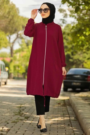 Manteau long en tissu aérobine à fermeture zippée – Bordeaux 10146BR - 1