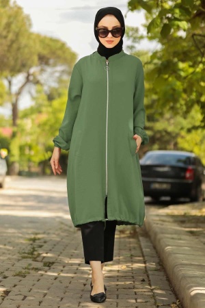 Manteau long en tissu aérobine à fermeture zippée – Kaki 10146HK 