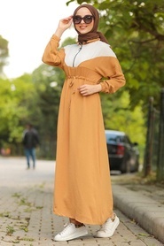 Neva Style - Aerobin Kumaş Fermuarlı Hardal Tesettür Elbise 10132HR - Thumbnail