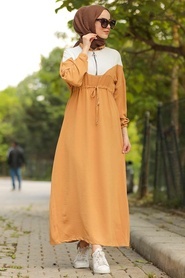 Neva Style - Aerobin Kumaş Fermuarlı Hardal Tesettür Elbise 10132HR - Thumbnail