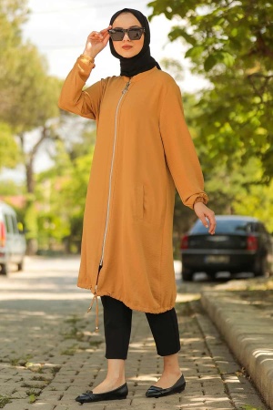  Aerobin Kumaş Fermuarlı Hardal Tesettür Kap 10146HR - 1