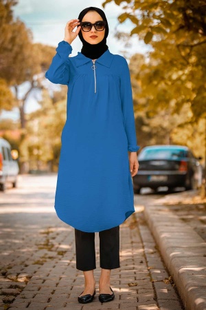 Neva Style - Aerobin Kumaş Fermuarlı İndigo Mavisi Tesettür Tunik 10122IM - 1