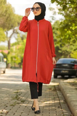 Manteau long en tissu aérobine à fermeture zippée – Terracotta 10146KRMT 