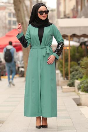 Pul Payetli Çağla Yeşili Tesettür Abaya 3304CY - 1