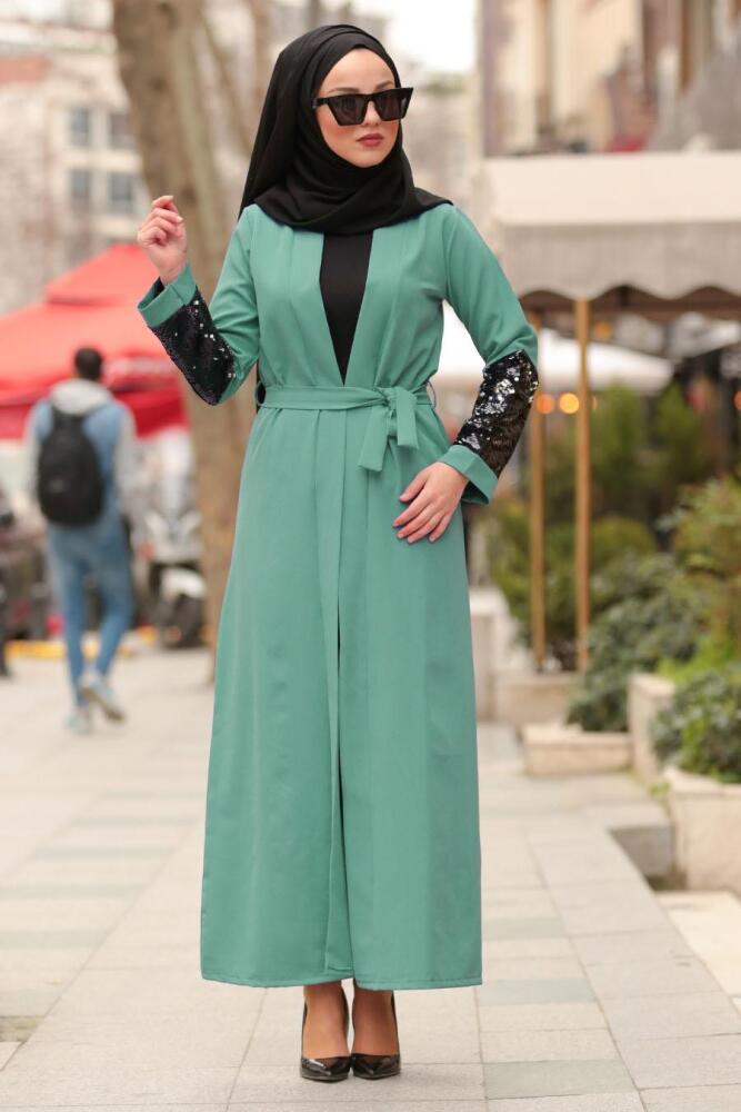 Pul Payetli Çağla Yeşili Tesettür Abaya 3304CY - 1