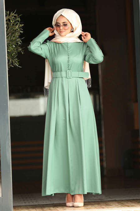 Kemerli Çağla Yeşili Tesettür Elbise 42240CY