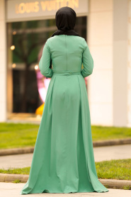 Kemer Detaylı Çağla Yeşili Tesettür Elbise 42501CY - Thumbnail