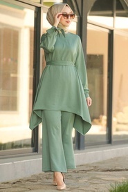 Neva Style - Almond Green Hijab Dual Suit Dress 11280CY - Thumbnail