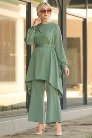 Neva Style - Almond Green Hijab Dual Suit Dress 11280CY - Thumbnail