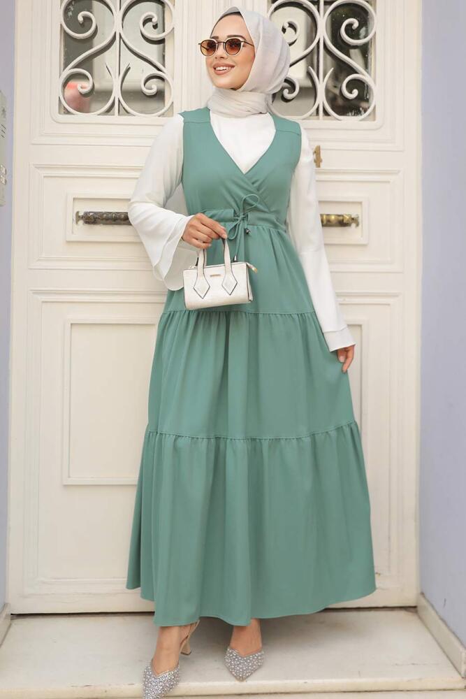 Neva Style - Almond Green Hijab Gilet Dress 577CY - 1