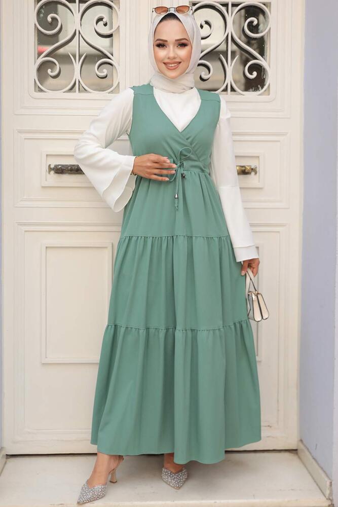 Neva Style - Almond Green Hijab Gilet Dress 577CY - 2