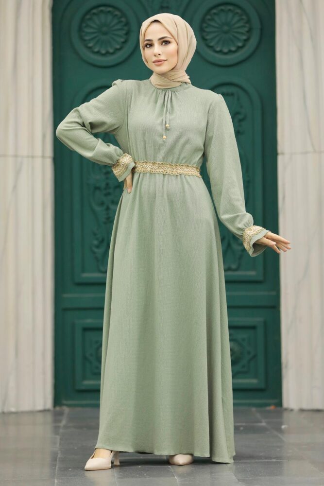 Almond Green Hijab Maxi Dress 5852CY - 1