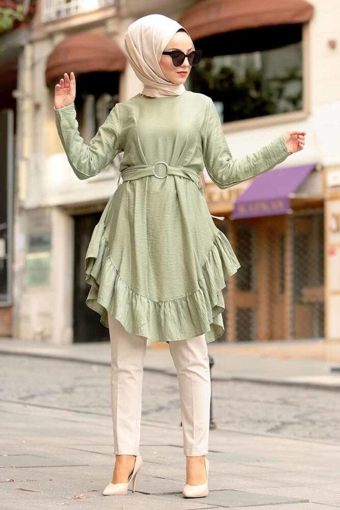Fırfırlı Çağla Yeşili Tesettur Tunik 3596CY - 1