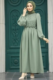Neva Style - Almond Green Long Dress for Muslim Ladies 5857CY - Thumbnail