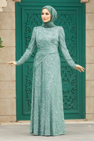Almond Green Muslim Long Sleeve Dress 39471CY - 3