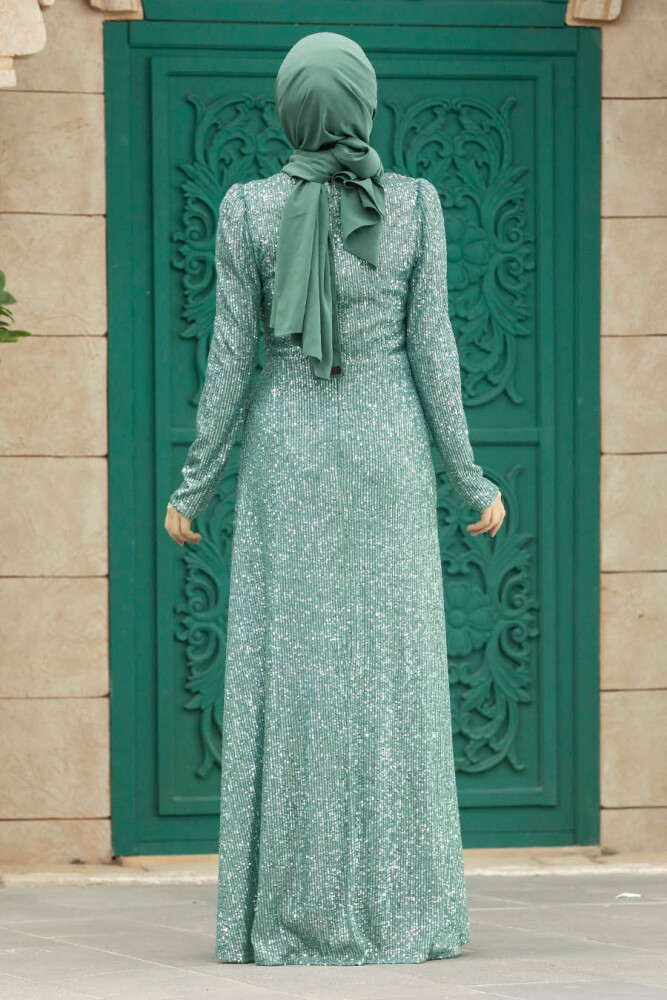 Almond Green Muslim Long Sleeve Dress 39471CY - 4