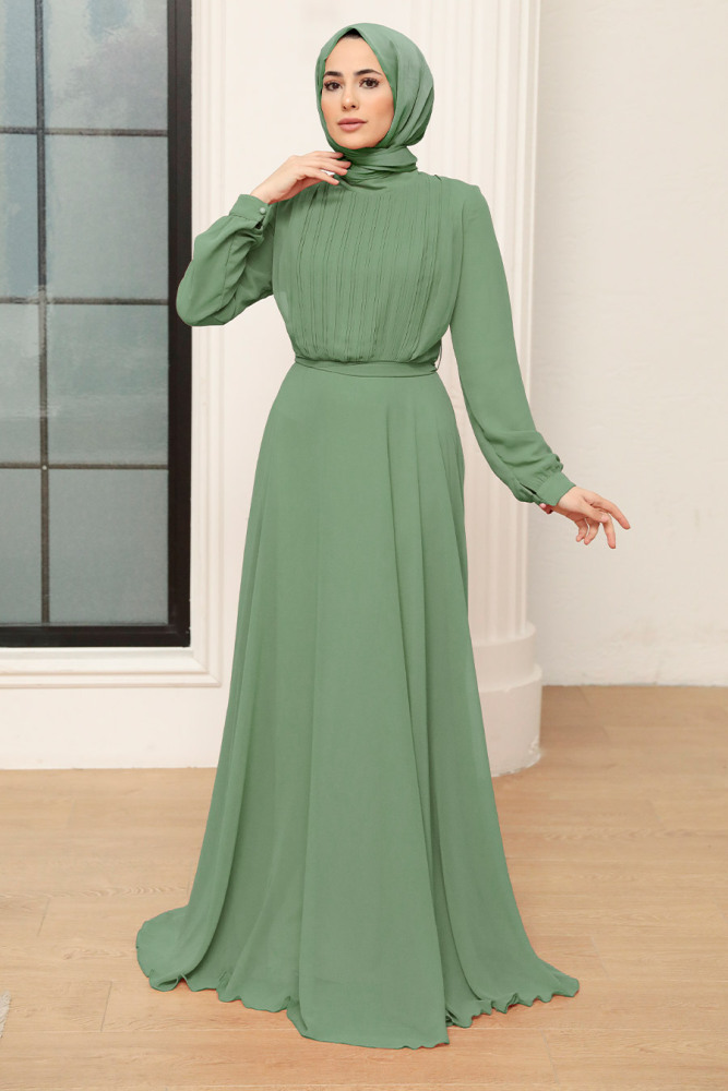 Neva Style - Almond Green Turkish Hijab Evening Gown 3371CY - 1