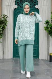 Neva Style - Almond Green Knitwear Islamic Clothing Dual Suit 9732CY - Thumbnail