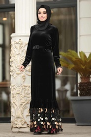 Neva Style - Altı Detaylı Siyah Tesettür Kadife Elbise 11022S - Thumbnail