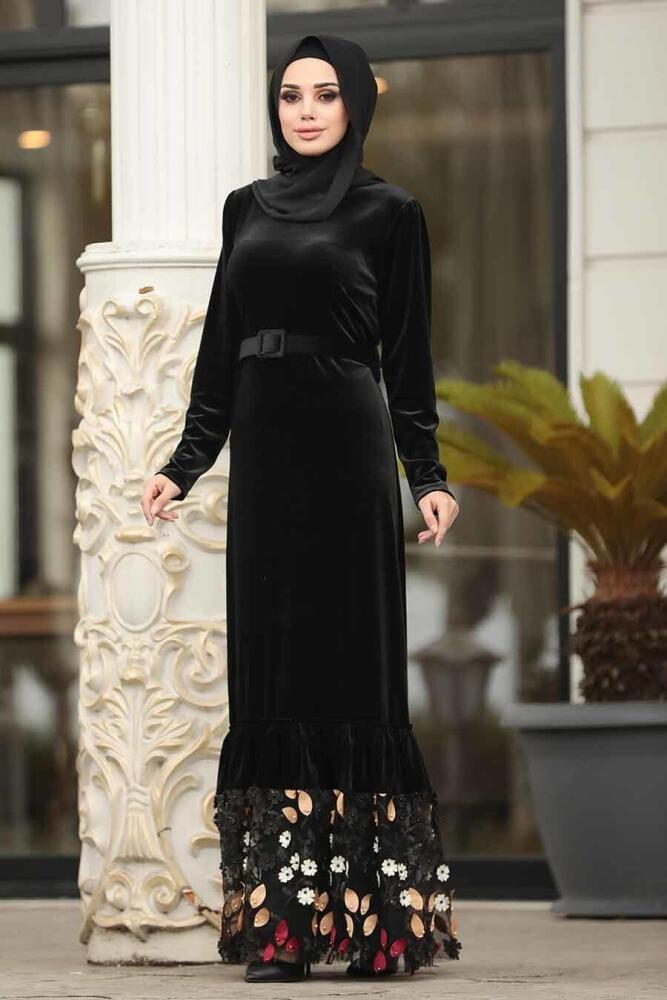 Neva Style - Altı Detaylı Siyah Tesettür Kadife Elbise 11022S - 1