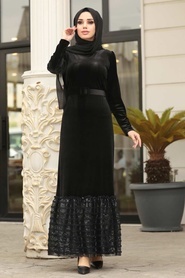Neva Style - Altı Detaylı Siyah Tesettür Kadife Elbise 11039S - Thumbnail