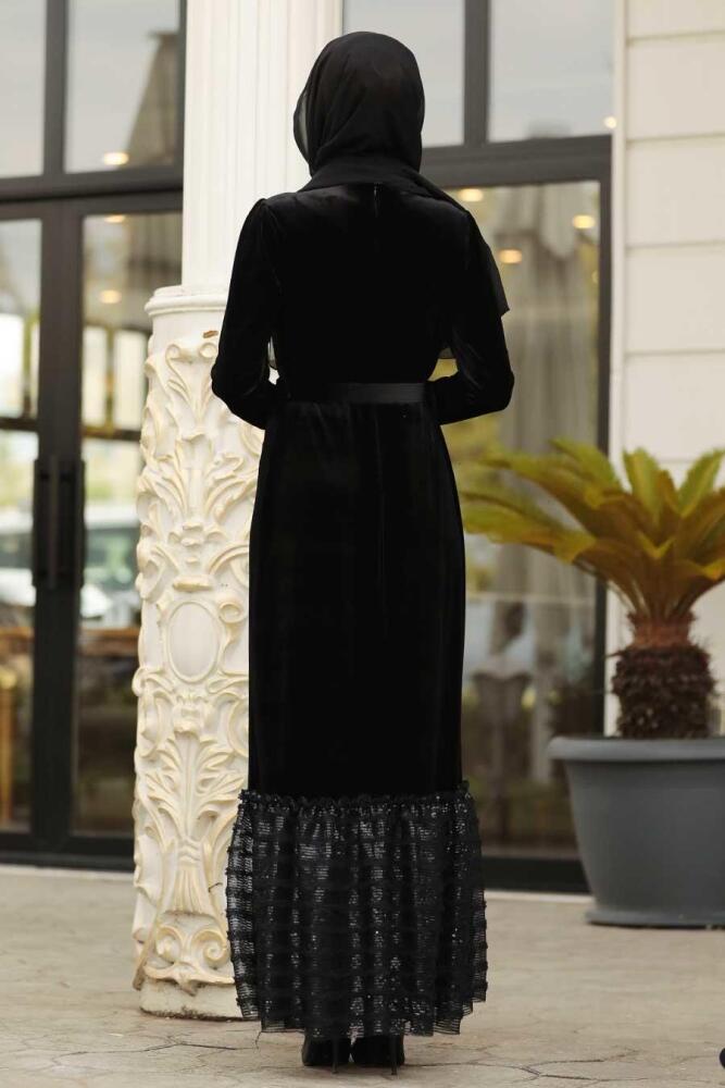 Neva Style - Altı Detaylı Siyah Tesettür Kadife Elbise 11039S - 2