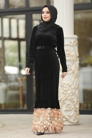 Neva Style - Altı Detaylı Taş Tesettür Kadife Elbise 11022TAS - Thumbnail