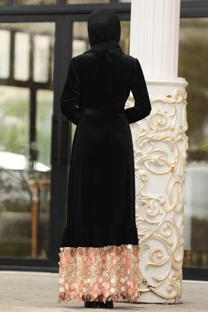 Neva Style - Altı Detaylı Taş Tesettür Kadife Elbise 11022TAS - 2