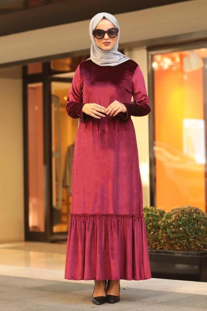 Neva Style - Altı Fırfırlı Bordo Tesettür Kadife Elbise 50530BR - 1
