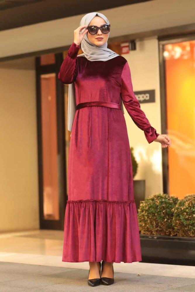 Neva Style - Altı Fırfırlı Bordo Tesettür Kadife Elbise 50530BR - 2