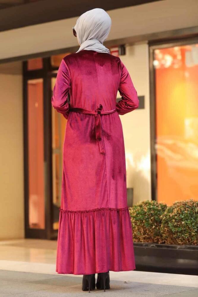 Neva Style - Altı Fırfırlı Bordo Tesettür Kadife Elbise 50530BR - 3