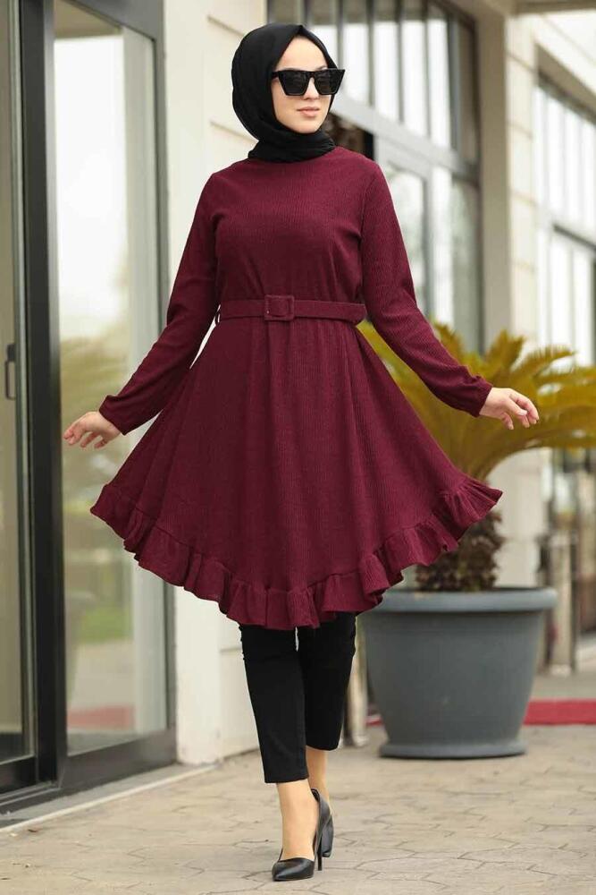 Neva Style - Altı Fırfırlı Bordo Tesettür Tunik 120130BR - 1