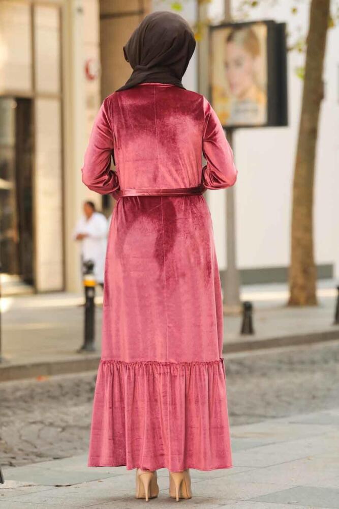 Neva Style - Altı Fırfırlı Gül Kurusu Tesettür Kadife Elbise 50530GK - 2