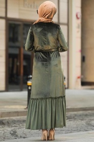 Neva Style - Altı Fırfırlı Haki Tesettür Kadife Elbise 50530HK - Thumbnail