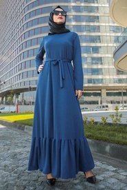 Neva Style - Altı Fırfırlı İndigo Mavisi Tesettür Elbise 2242IM - Thumbnail