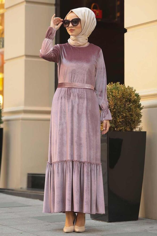 Neva Style - Altı Fırfırlı Pudra Tesettür Kadife Elbise 50530PD - 2
