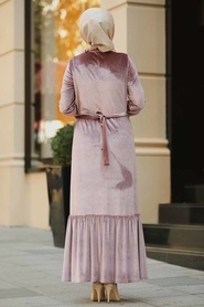 Neva Style - Altı Fırfırlı Pudra Tesettür Kadife Elbise 50530PD - Thumbnail