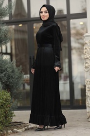 Neva Style - Altı Fırfırlı Siyah Tesettür Kadife Elbise 1430S - Thumbnail