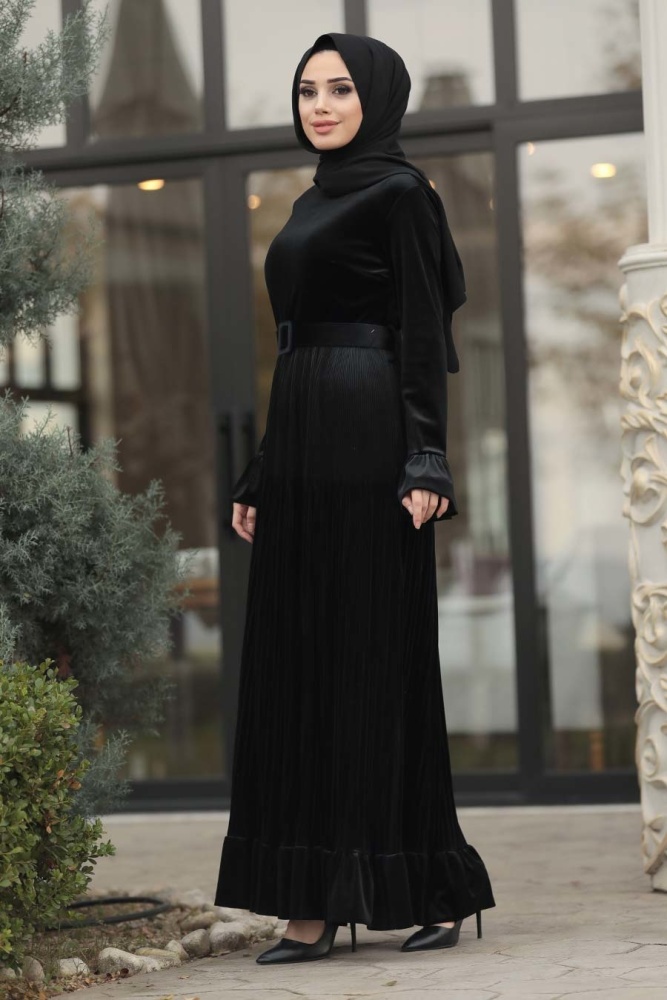Neva Style - Altı Fırfırlı Siyah Tesettür Kadife Elbise 1430S - 1